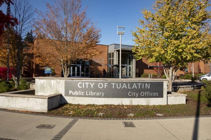 Photo of Tualatin Library/City Offices building, taken from the corner of SW Martinazzi Avenue and SW Seneca Street