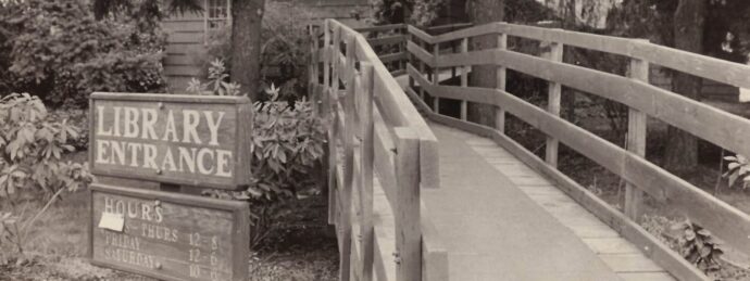 Historical black and white photograph of old Tualatin Public Library entrance