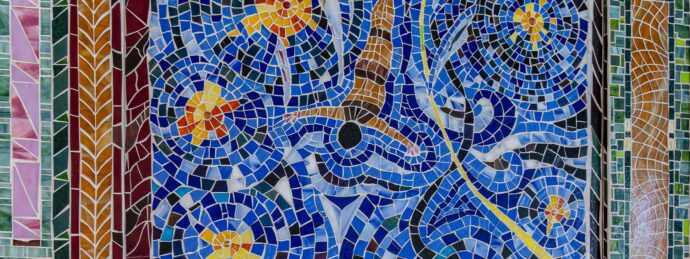 Close up of 'Diving into a Book' glass mosaic