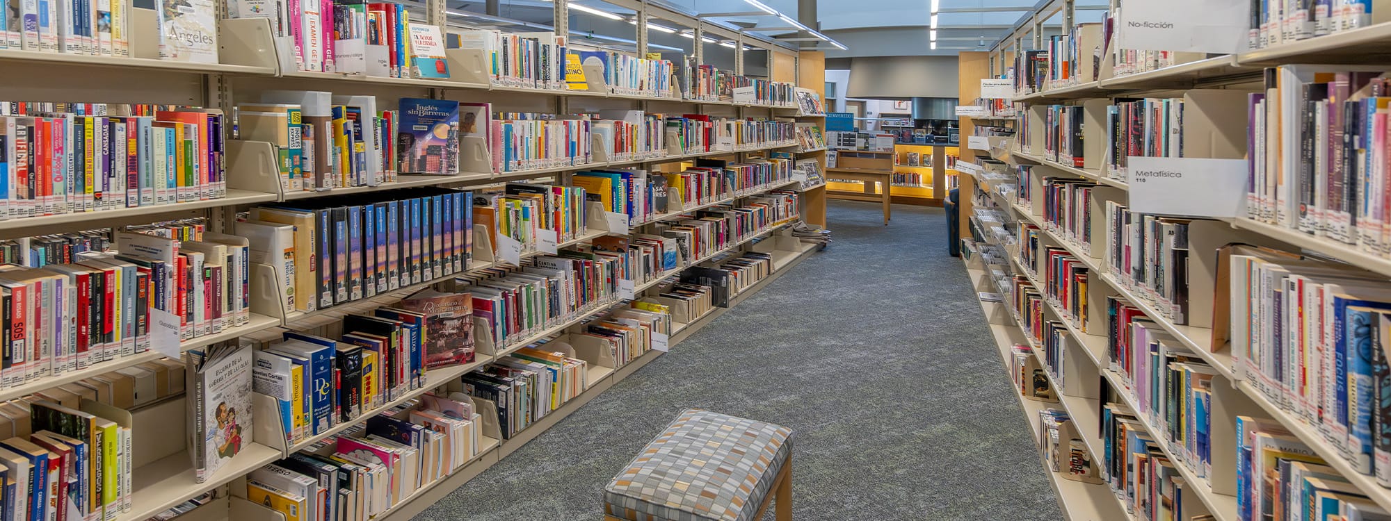 A library aisle with long bookshelves on each side; circulation desk can be seen in the background.